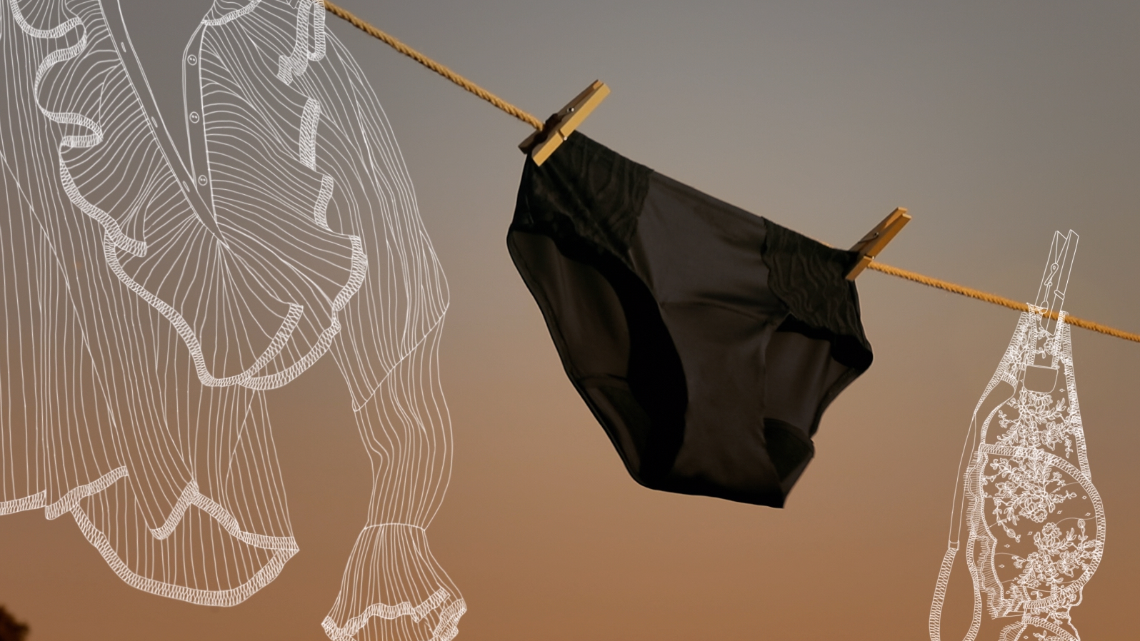 TENA Silhouette waschbare Unterwäsche auf einer Wäscheleine zwischen einer skizzierten Bluse und einem BH.    TENA Silhouette waschbare Unterwäsche auf einer Wäscheleine zwischen einer skizzierten Bluse und einem BH.